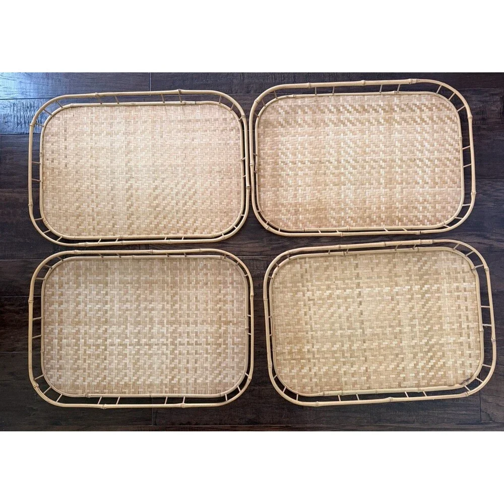 Vintage Bamboo Woven Rattan natural Wicker Set of 4 Lap Serving Trays 18x12